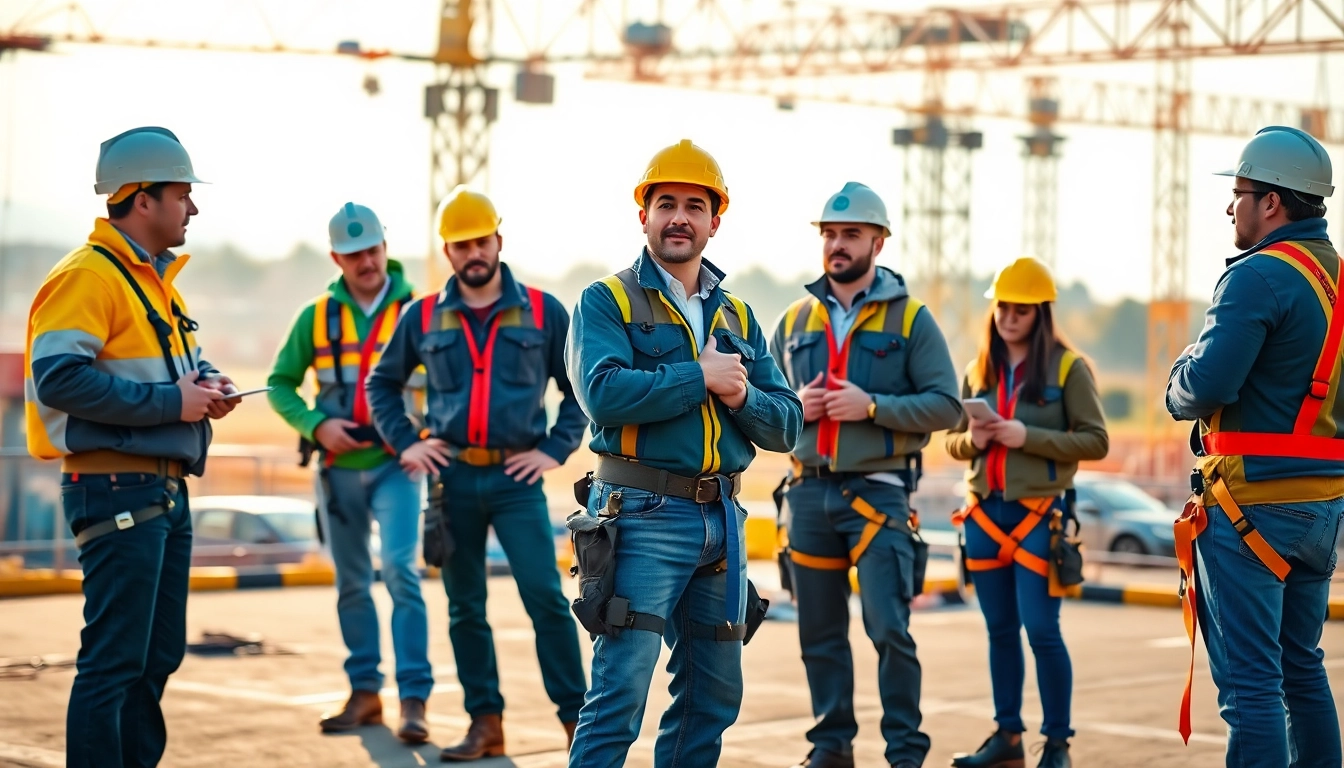 Illustration of construction safety programs in action with workers engaged in training.