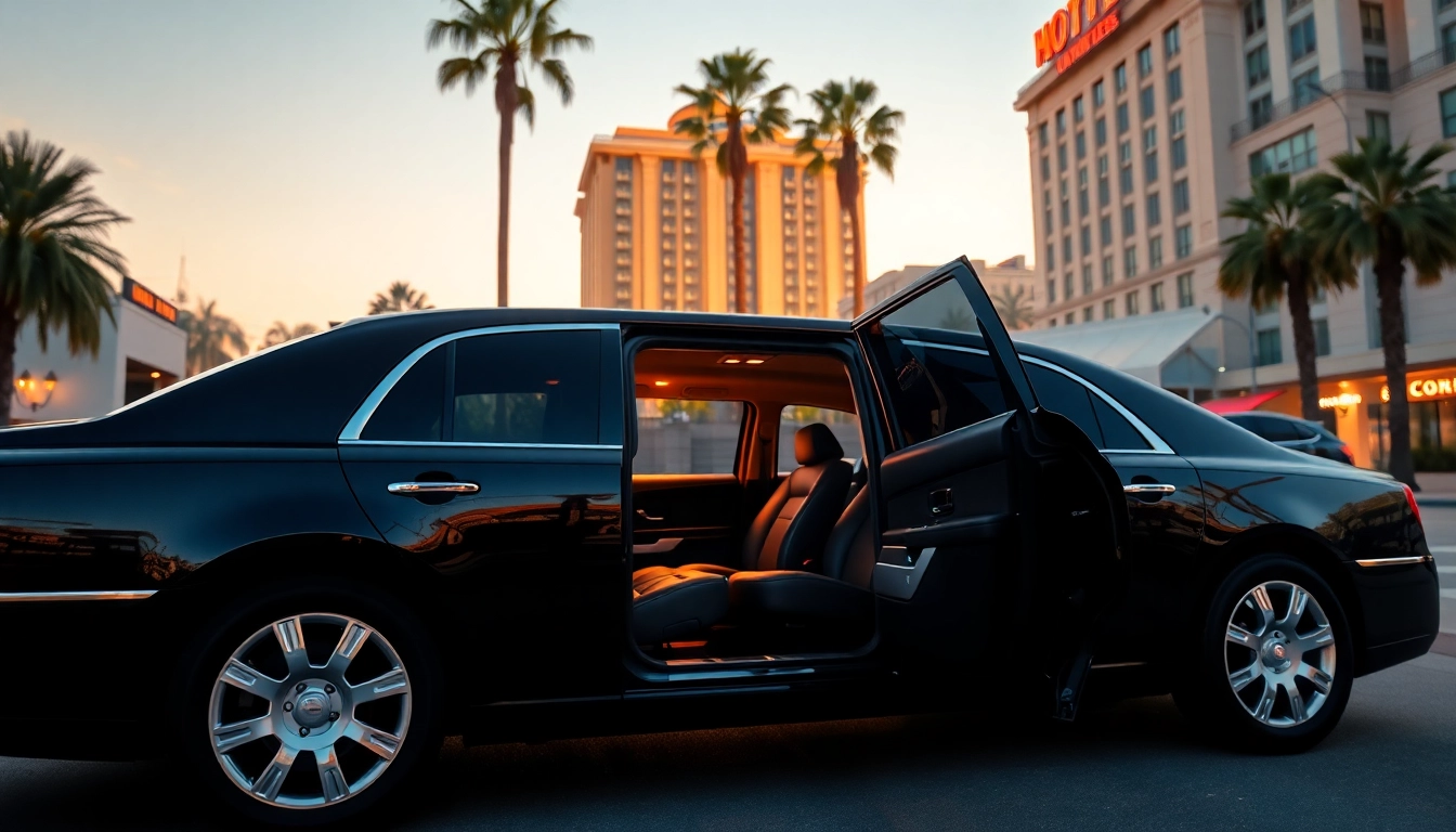 Hollywood Town Car and Limousine parked at a luxury hotel in Los Angeles, showcasing elegance and professionalism.