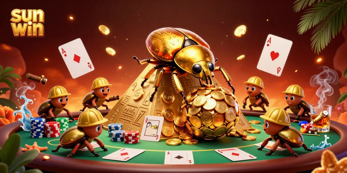 Experience sun win and thrill with golden beetles and casino elements in a vibrant scene.