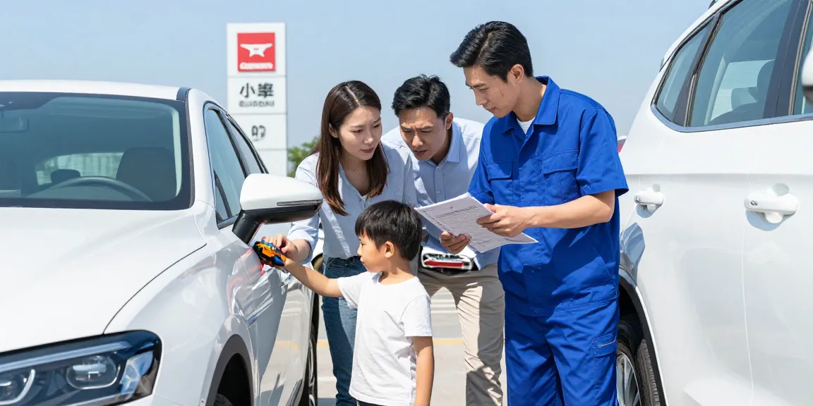 Family checking a used car during a car check UK, with a mechanic assisting and a checklist in hand.