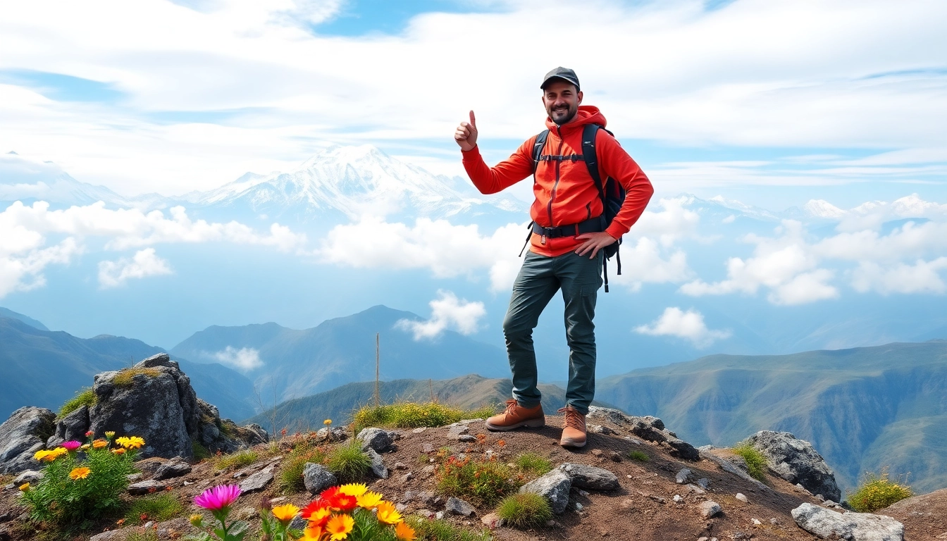 Experience breathtaking views from the Sandakphu trek with a hiker on a rugged ridge.