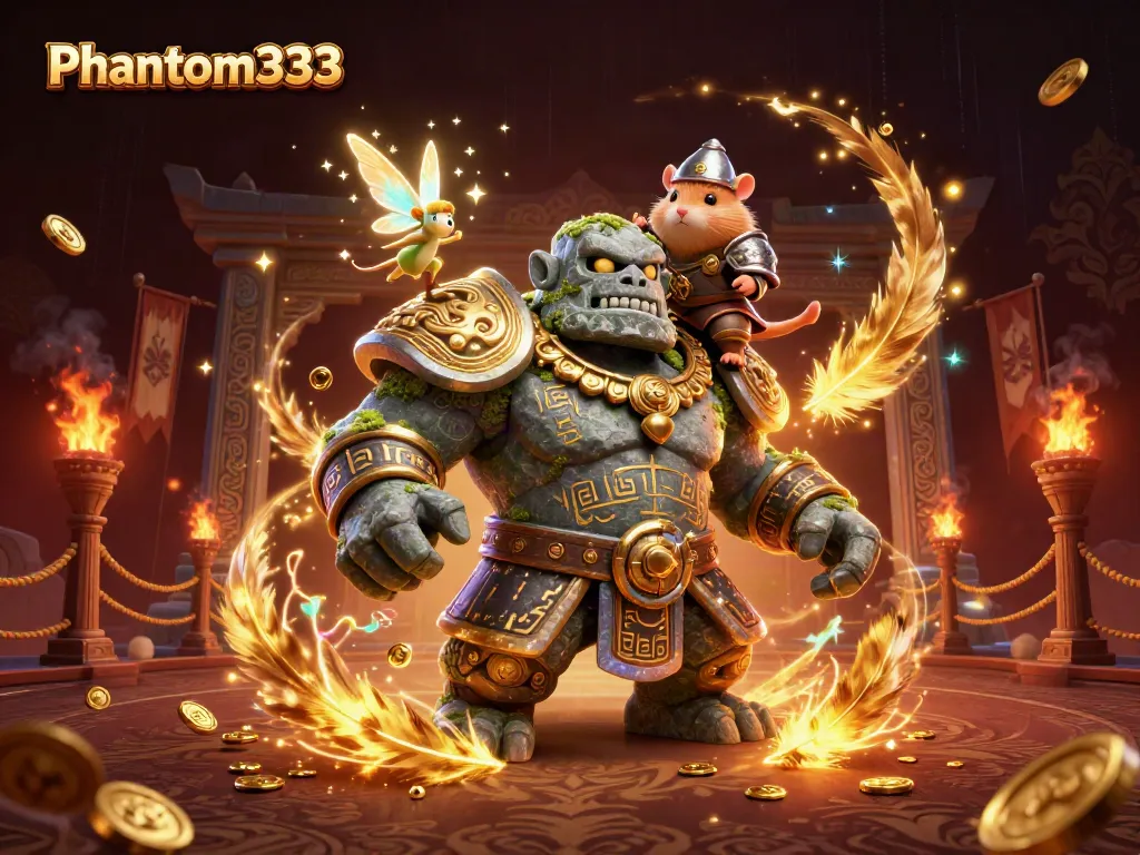 Engage in exciting gameplay with Phantom333, featuring a golem guardian and magical companions in a vibrant casino setting.