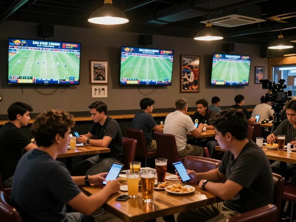 Patrons engaging with kèo nhà cái at a lively sports betting bar, tracking live odds and placing wagers.