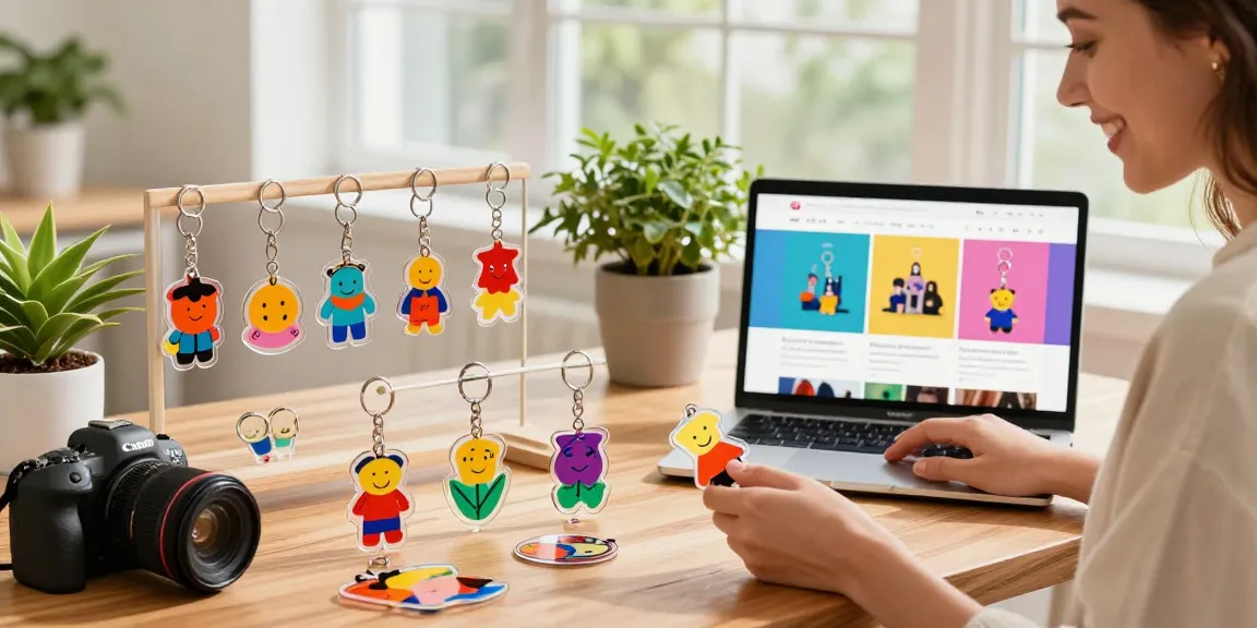 Engaging scene with a customer examining colorful acrylic keychains in a bright e-commerce environment.