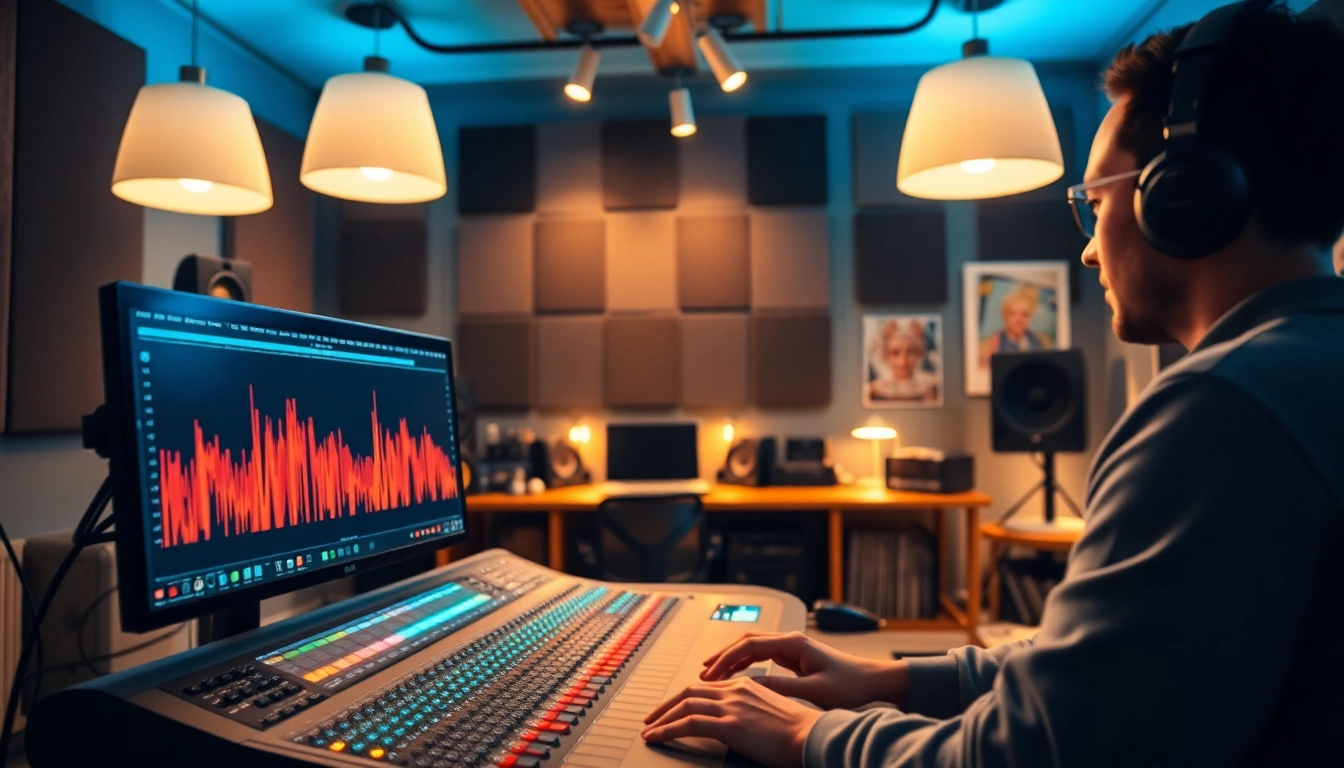Online mastering process showcased with an audio engineer in a vibrant studio