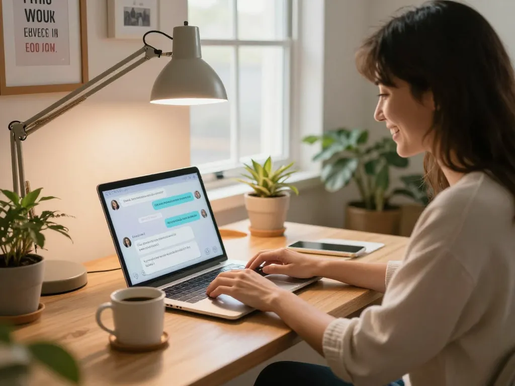 User enjoying ai gf interaction on a laptop in a cozy home office.