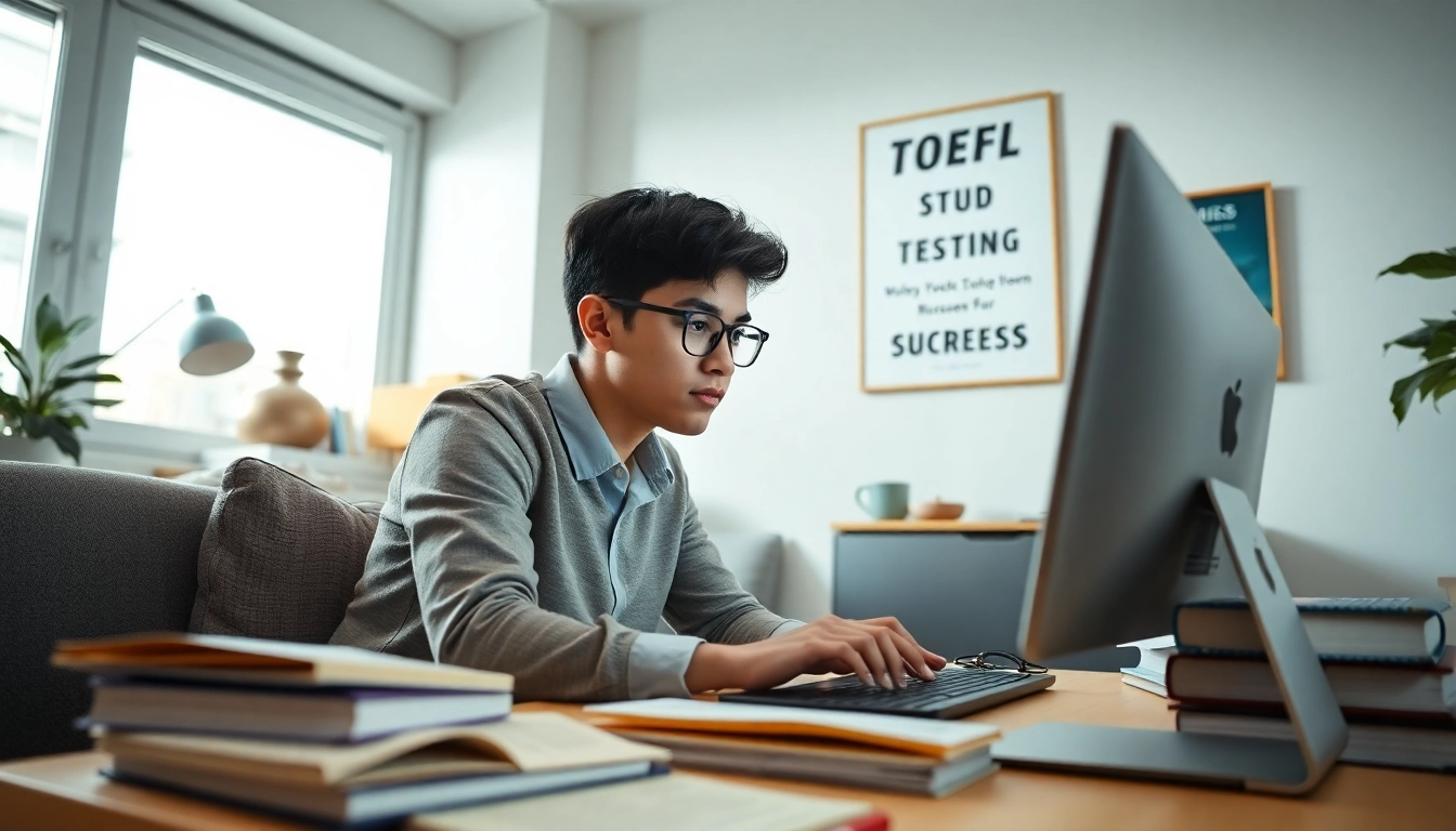 Pay someone to take TOEFL: Dedicated student studying in a bright, organized workspace.