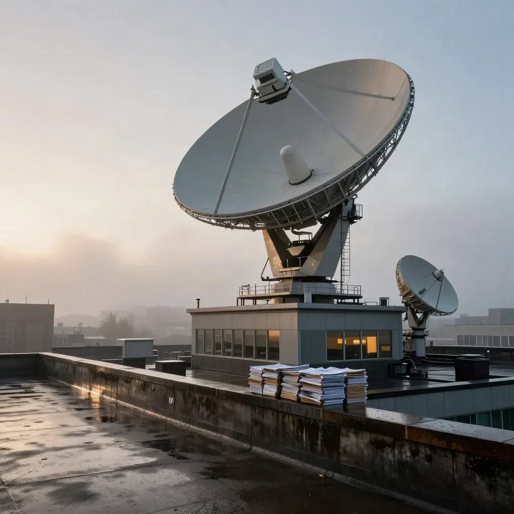 Newsroom rooftop mast and satellite dishes above foggy dawn skyline with wet concrete.
