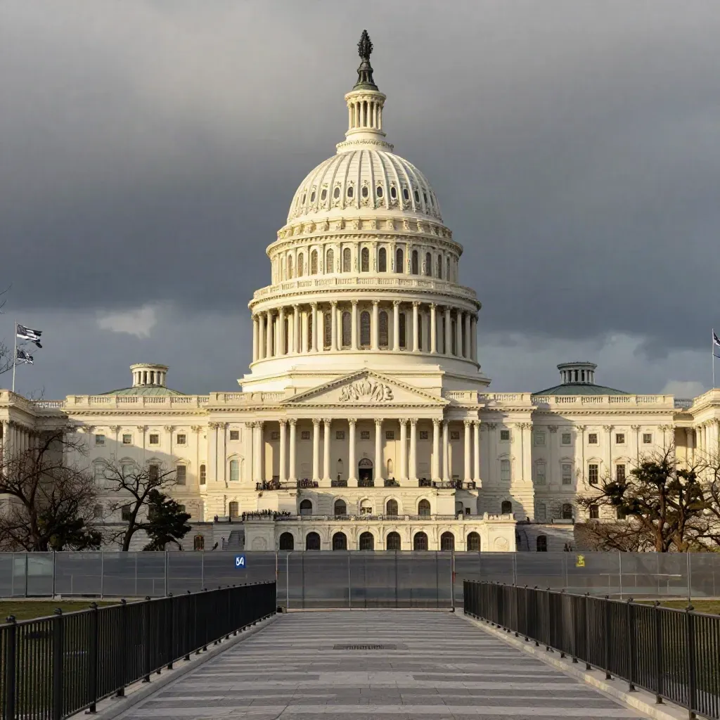 U.S. Capitol dome above wind-tossed trees and security fencing under storm clouds