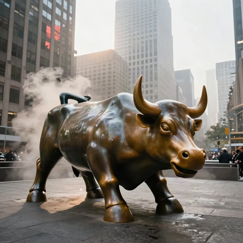 Bronze bull sculpture in a financial district plaza with steam rising at sunrise.