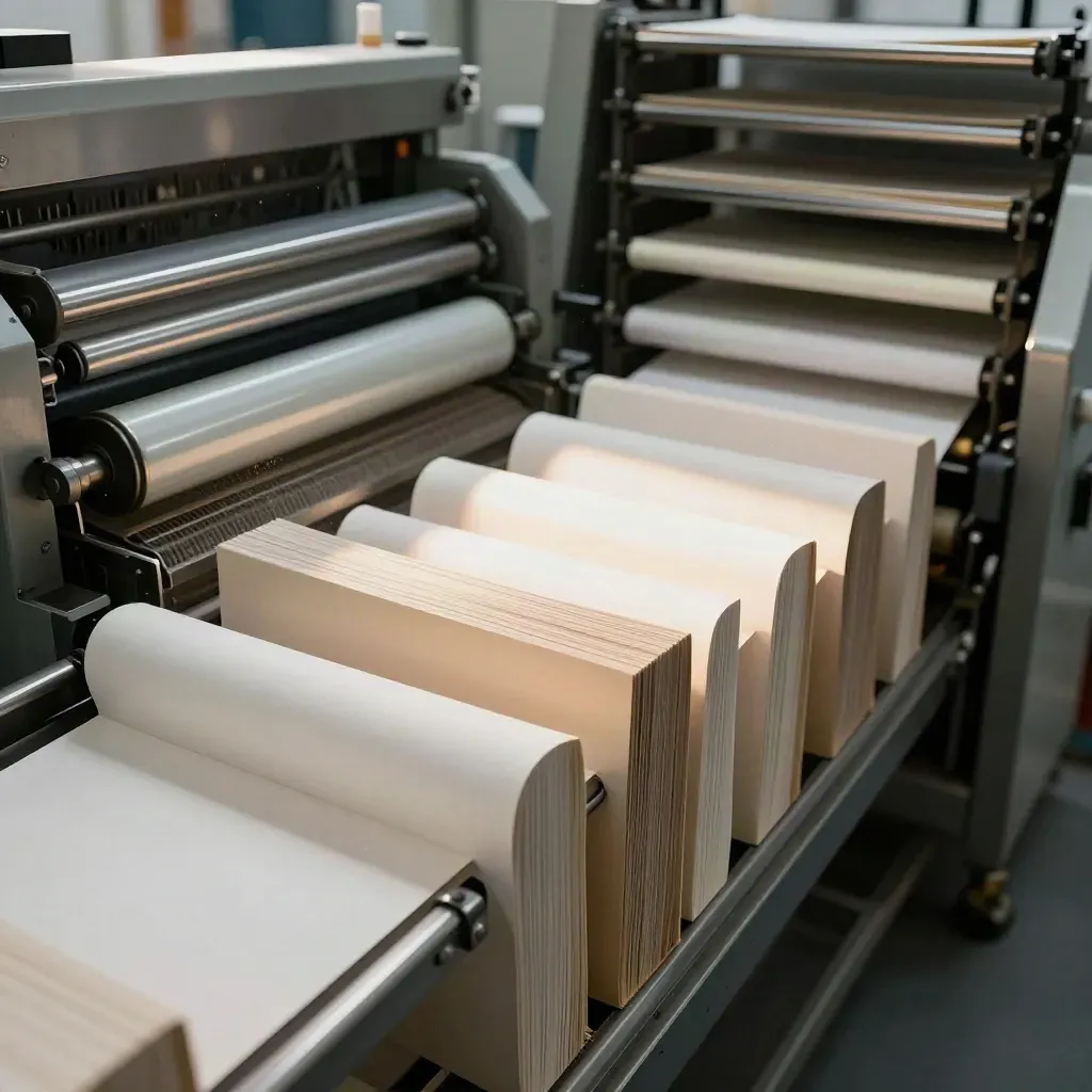 Press bundles slide along rollers in a warm print room with steel racks.