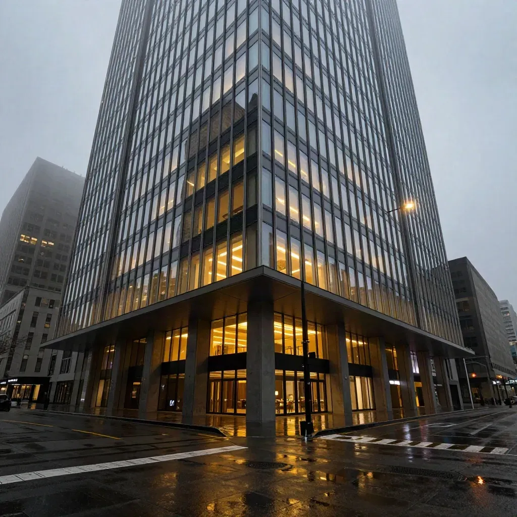 Glass office tower at dusk with climbing lights and humid haze from street level.