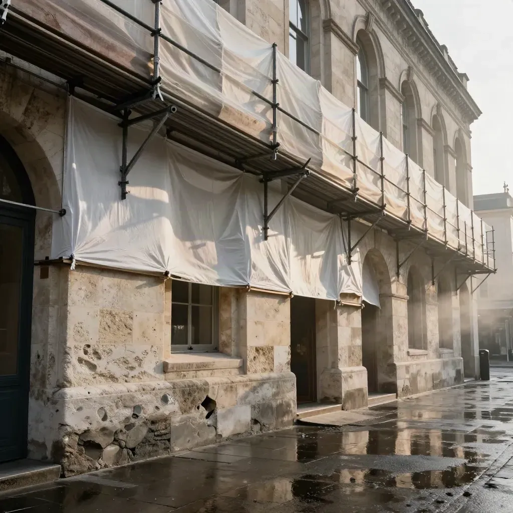 Rain-washed civic building under restoration, sunlit stone and scaffolding in a quiet street.