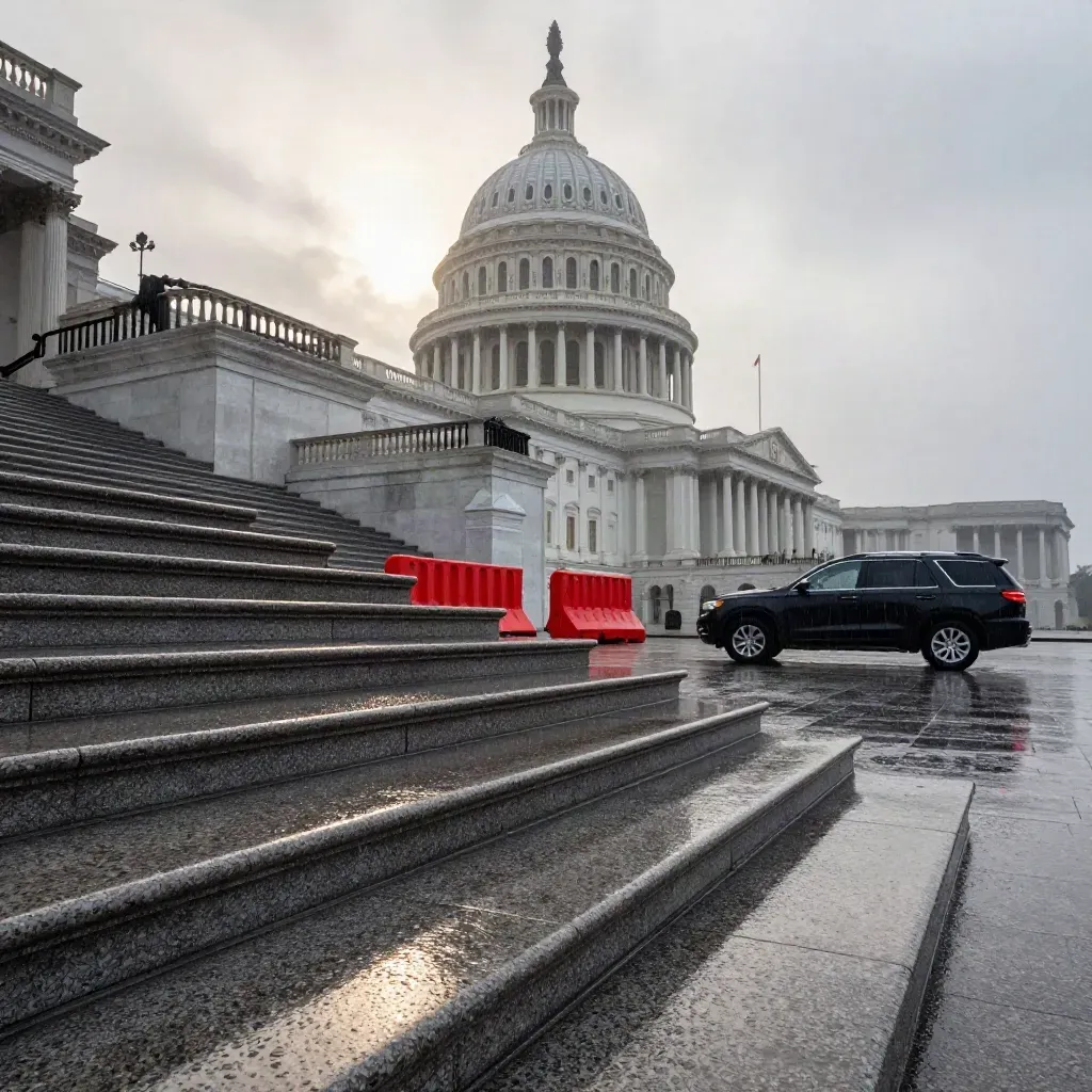 Wet Capitol steps, barriers, and a black SUV under a brief clearing in storm light.