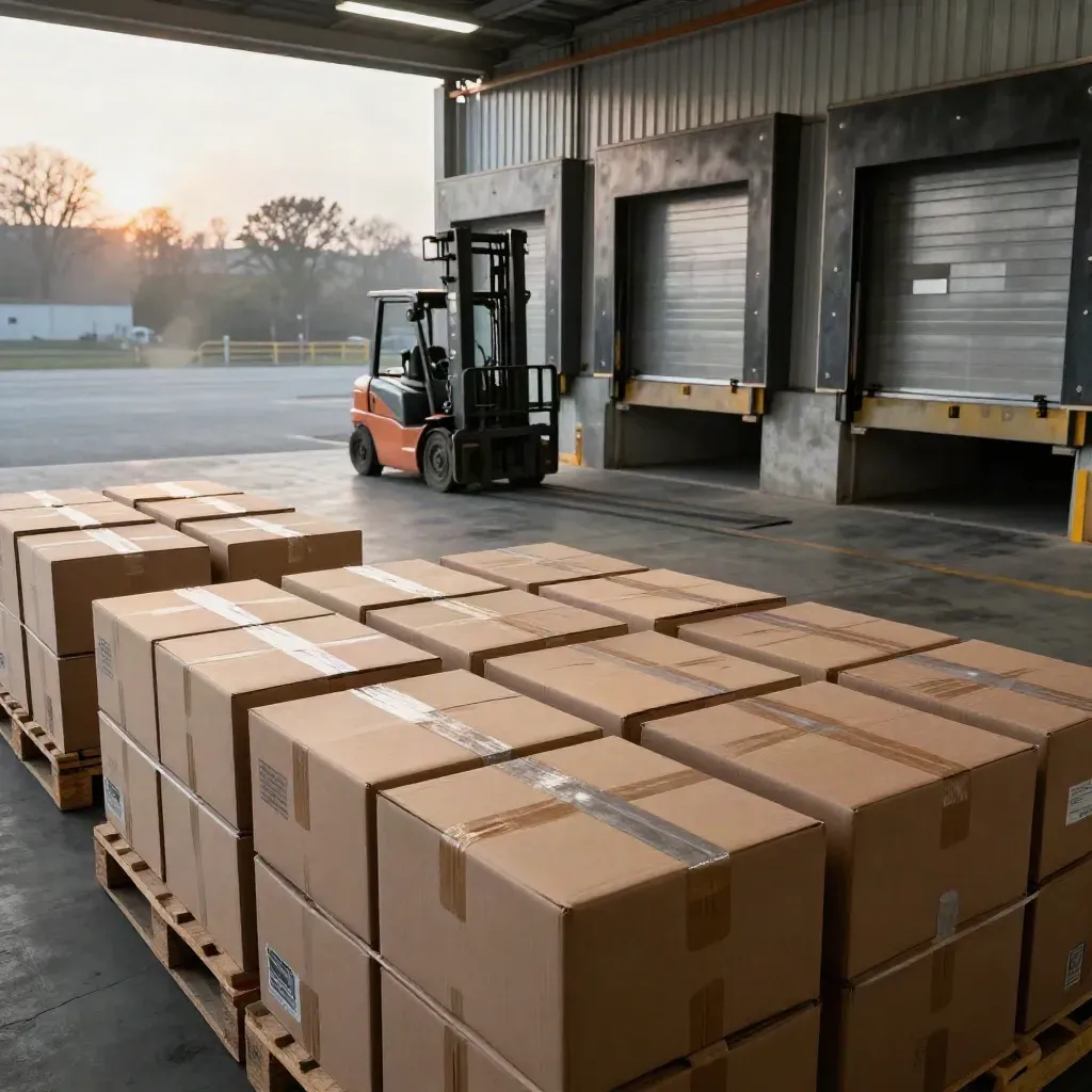 Warehouse dock doors opening at dawn beside stacked cartons and pallet stacks.