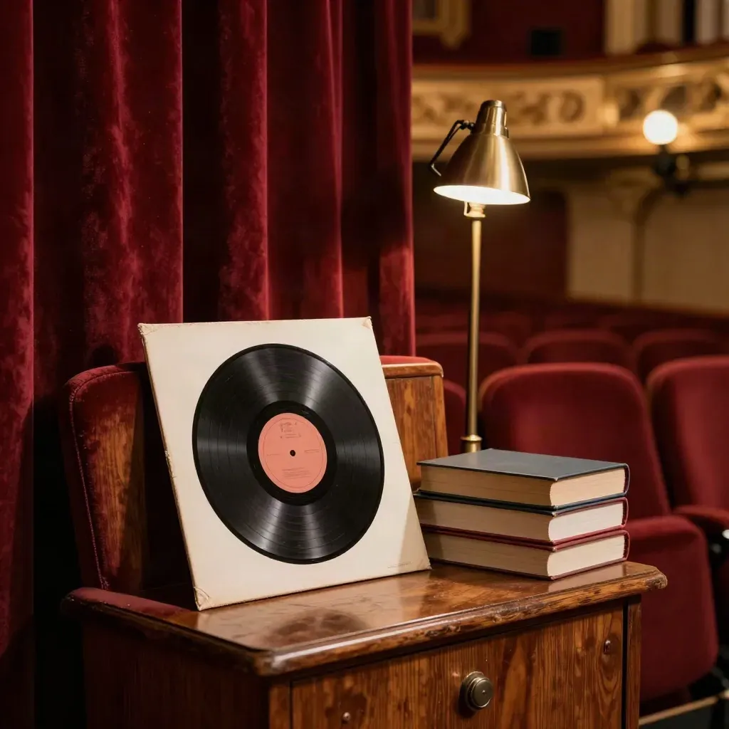 Warm theater interior with velvet curtain, face-down record sleeve, and stacked books under stage light.