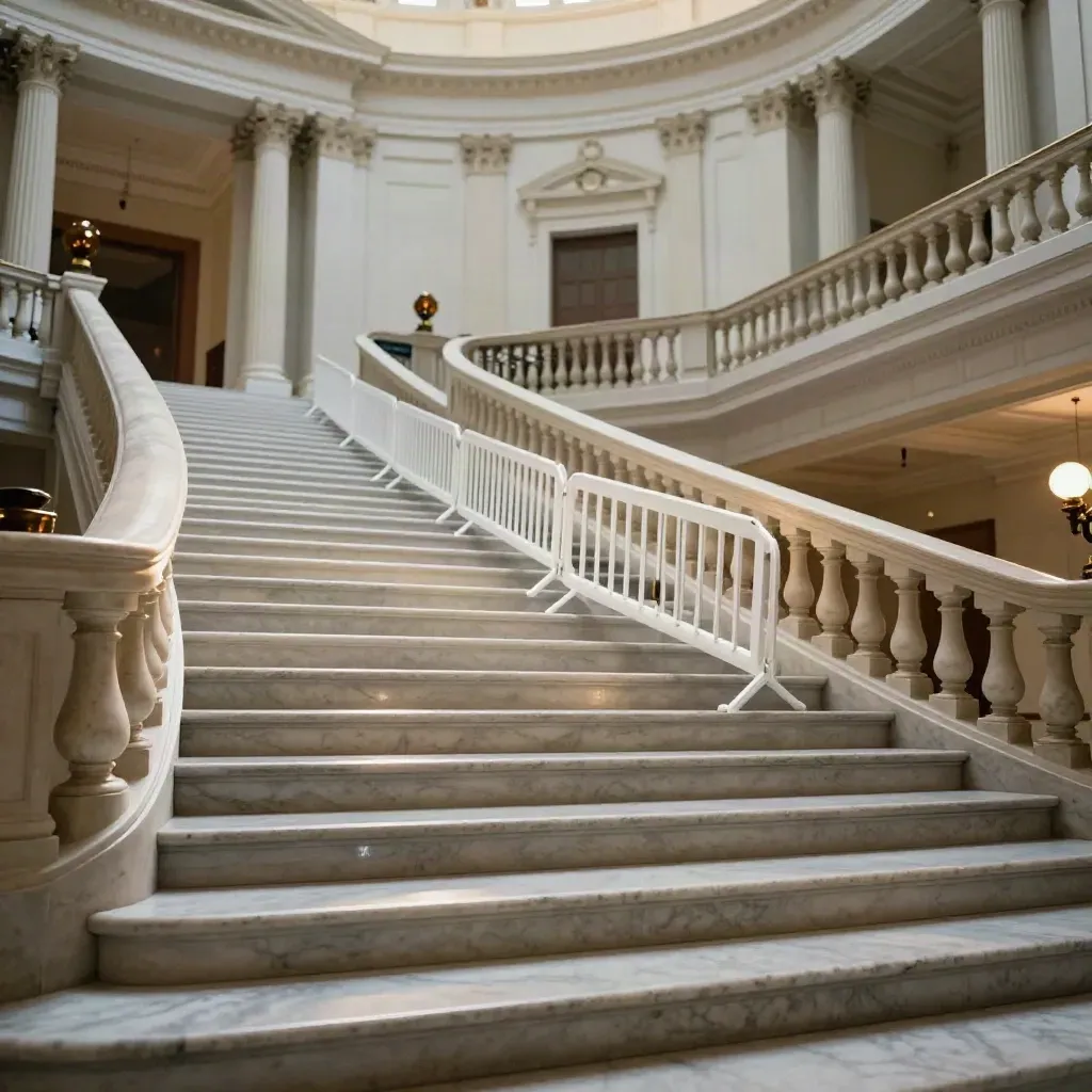 Low-angle view up Capitol rotunda stairs with white barricades and marble balustrades beneath the dome.