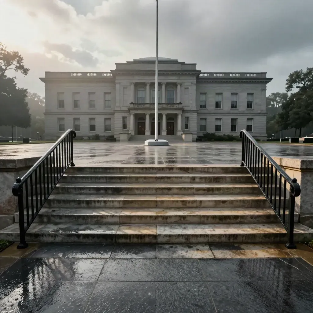 Rain-wet statehouse entrance with iron railings and a flagpole plaza under clearing clouds