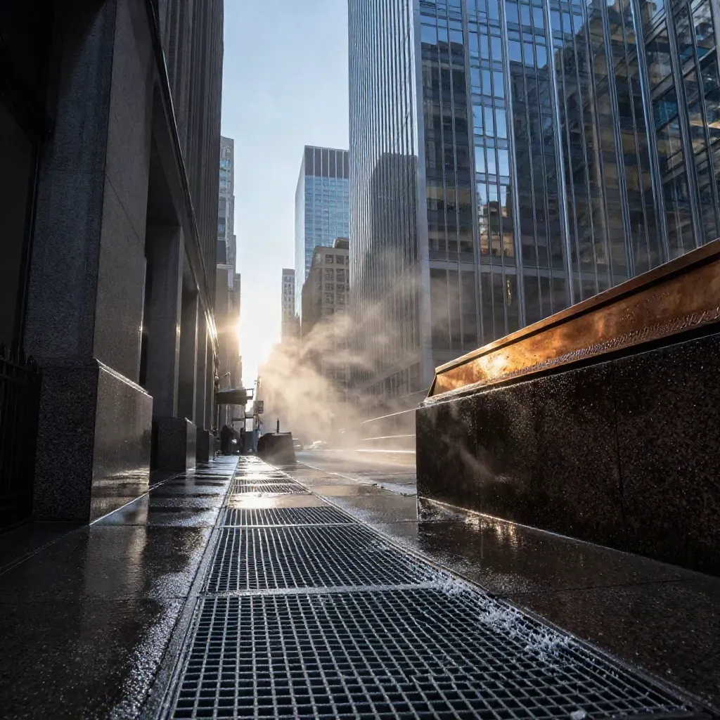 Sunrise in Wall Street’s glass canyon with steam rising over wet pavement.