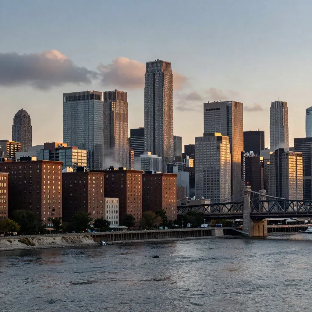 Dusk skyline above a river bridge with haze, layered neighborhoods, and building storm clouds.