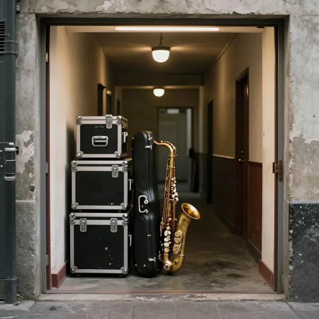 Empty theater loading alley with road cases, saxophone case, and glowing open stage doors.