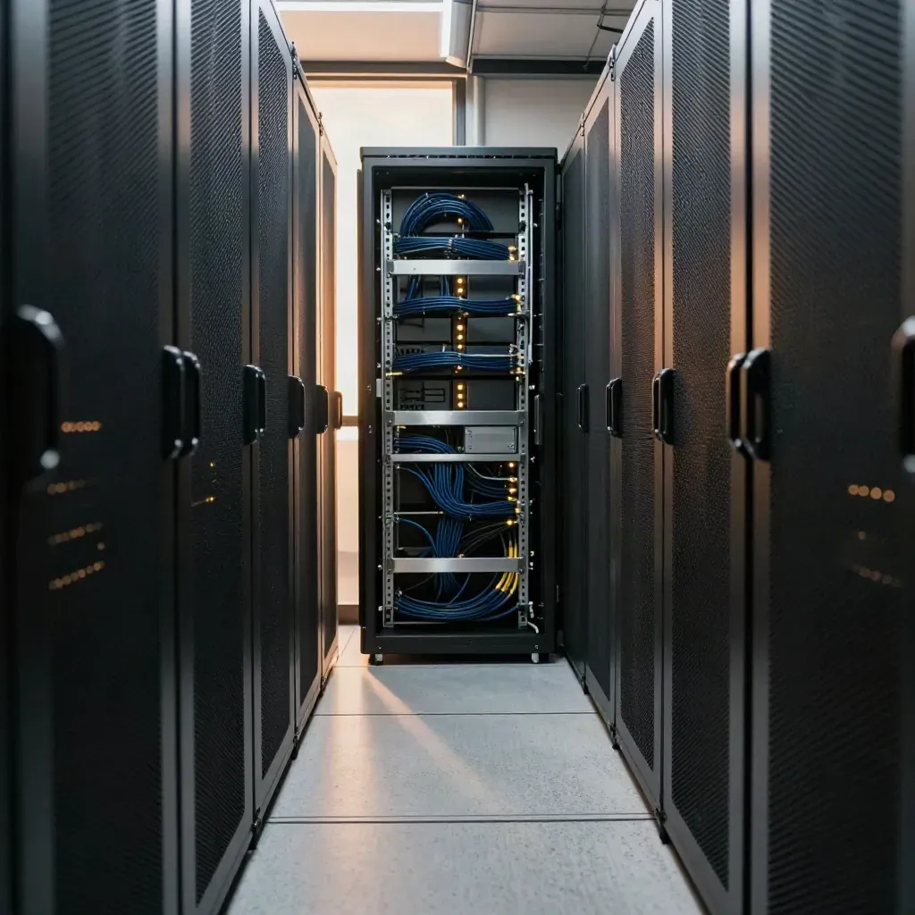 Low corridor view of server racks glowing softly in a cool data center aisle.