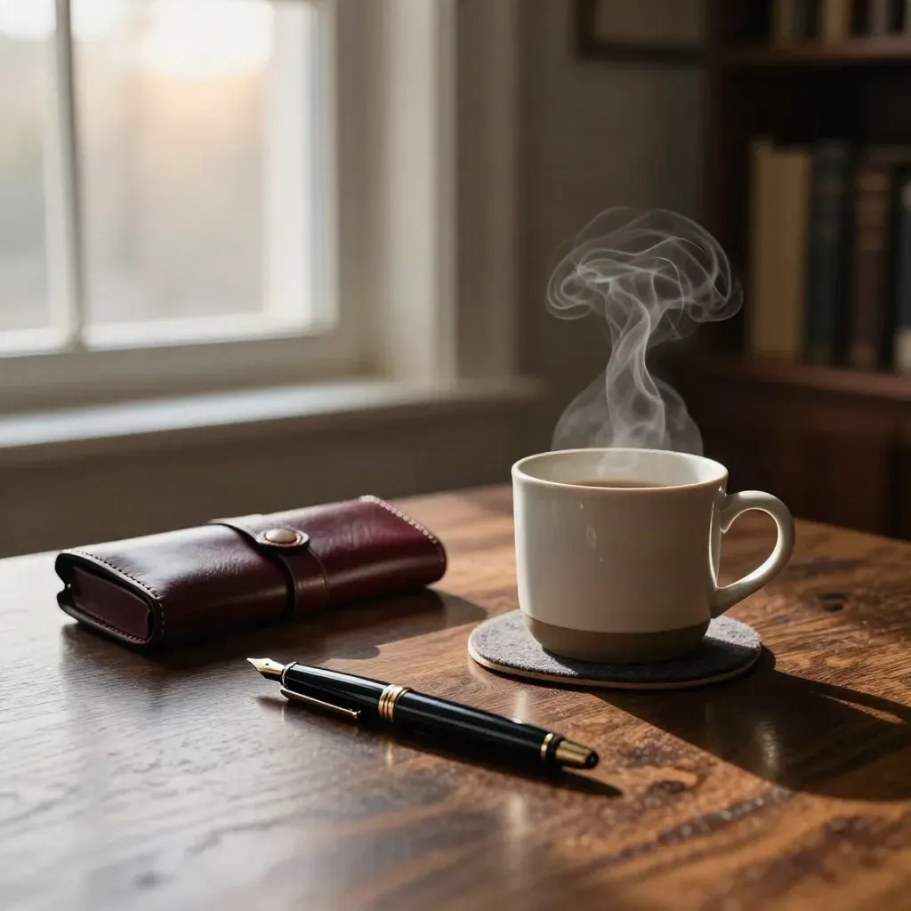 Dark oak desk with pen, glasses case and steaming mug by a window in a quiet study.