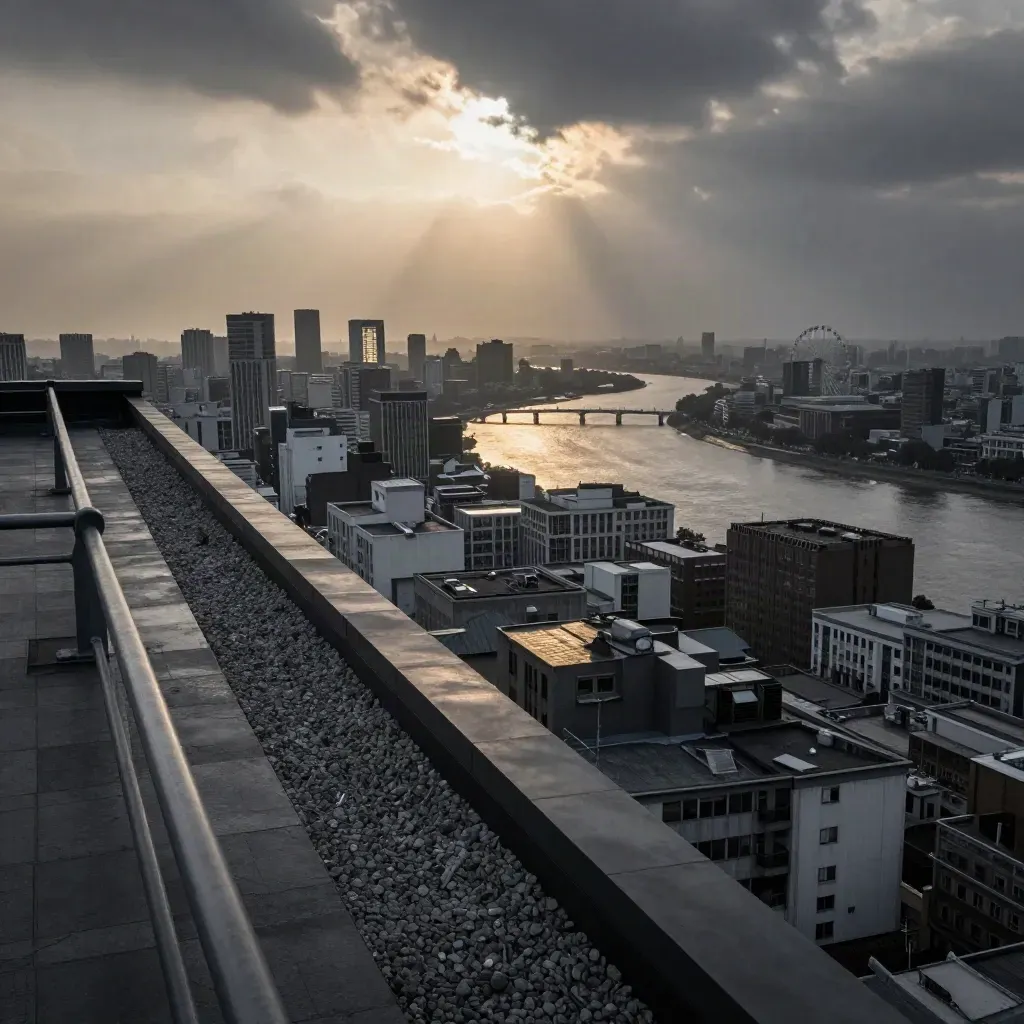 Rooftop overlook of a city grid, river, bridge, and ferris wheel at dusk.