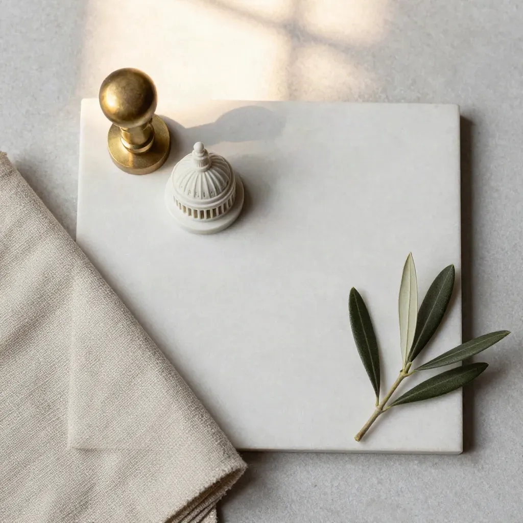 Top-down still life of a marble Capitol dome, brass seal, linen and olive sprig on stone.