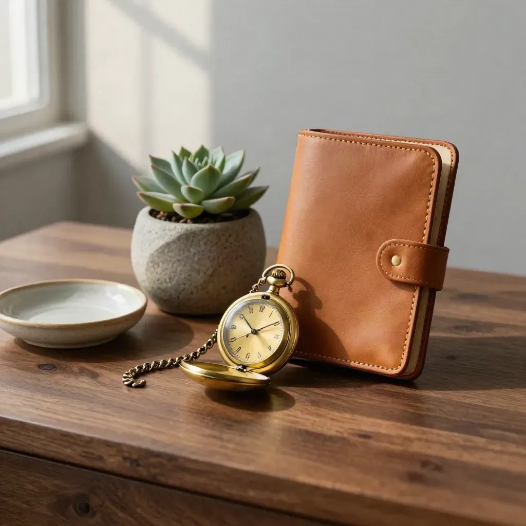 Brass pocket watch, leather portfolio, succulent, and ceramic dish on a walnut desk.