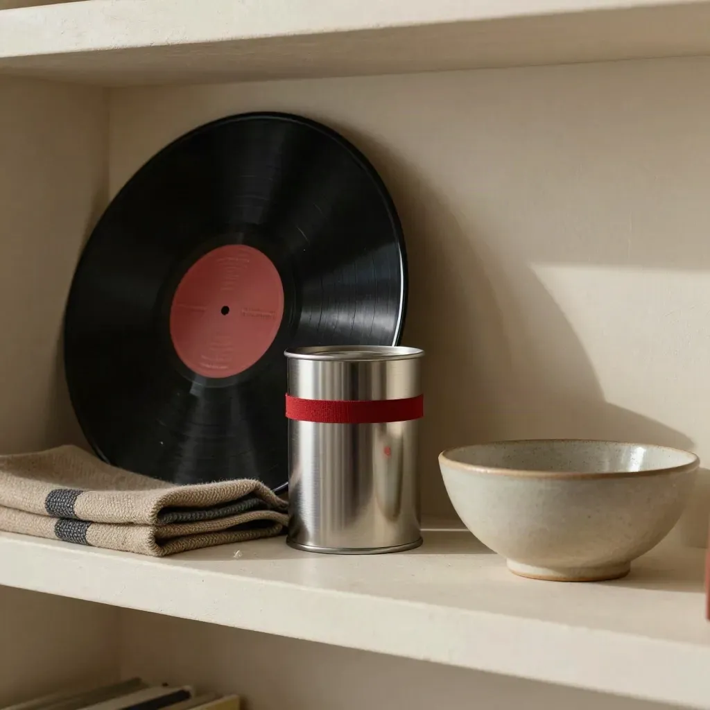 Vinyl record, film canister, wool cloth, and ceramic bowl on a pale shelf in soft daylight