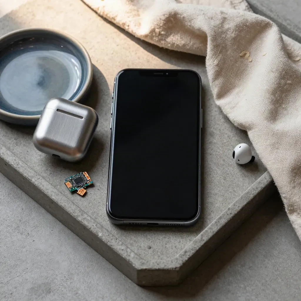 Top-down tech still life with smartphone, earbuds case, circuit board, and ceramic dish on stone tray.