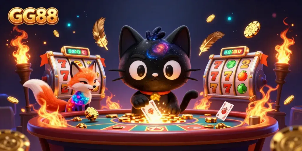 Experience the thrill at GG88's cosmic casino with a black hole cat and colorful fox companions.