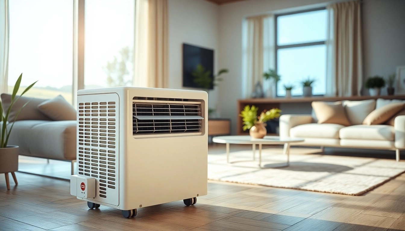 Highlighting an American Standard air conditioner in a stylish living room with natural lighting.