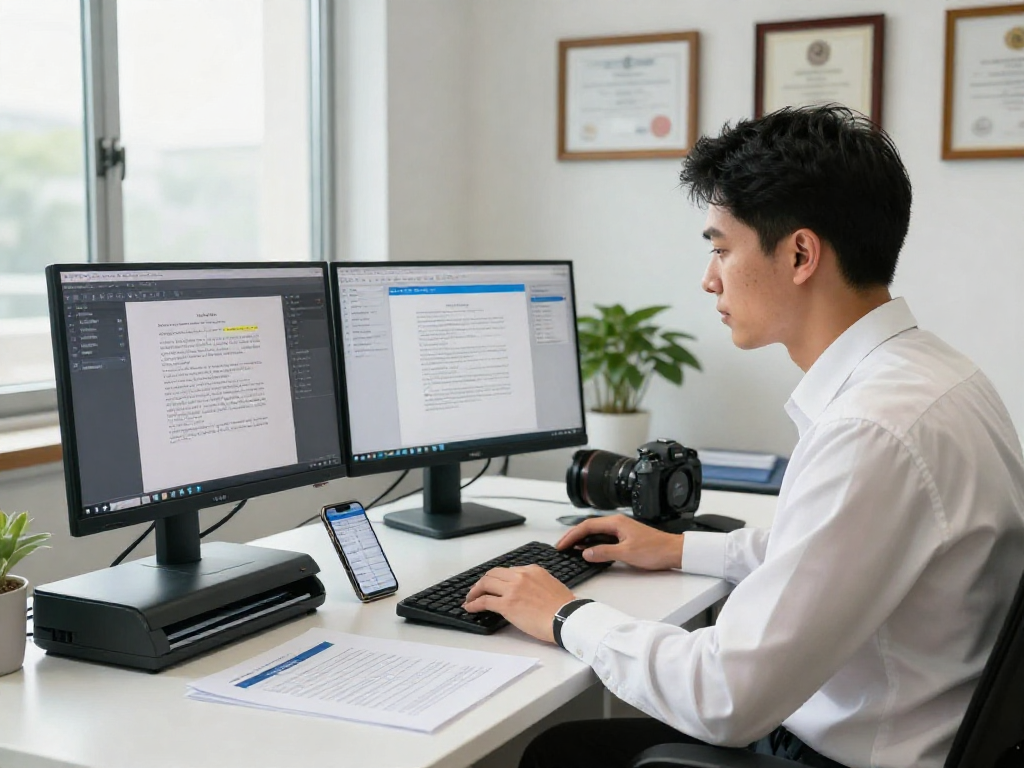 Document fraud detection in a professional office with an analyst reviewing suspicious documents and digital verification tools.