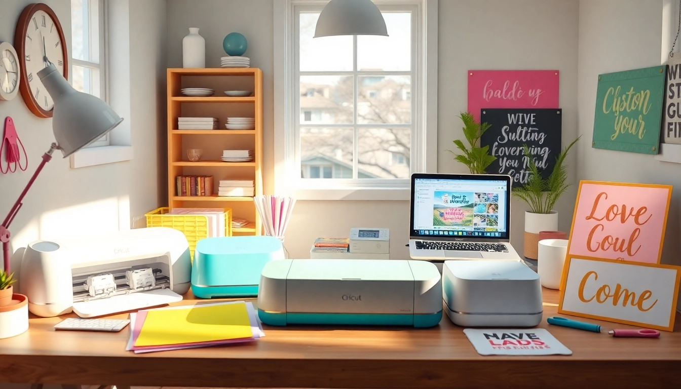 Cricut for beginners showcasing a vibrant crafting workspace with Cricut machines, colorful materials, and creative projects.