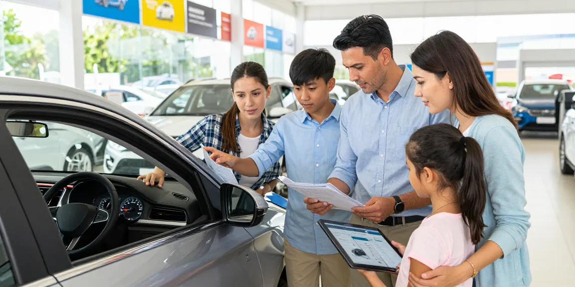 Family inspecting a used car with a car check UK report at a dealership, ensuring a smart purchase.