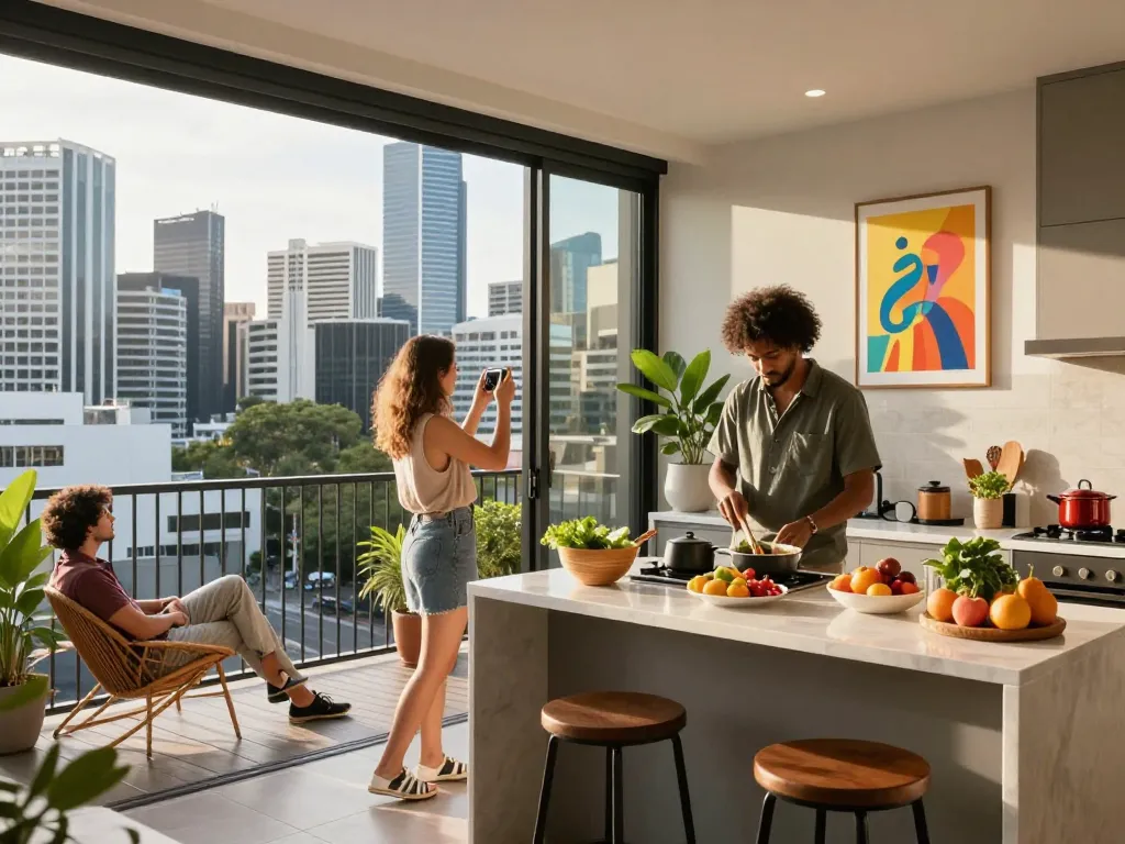 Group enjoying Airbnb management in Brisbane, showcasing vibrant short-term rental space with city views.