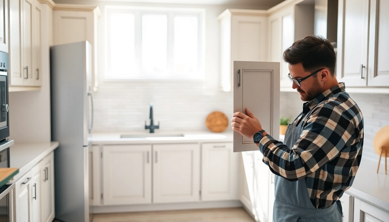 Cabinet Refacing Largo FL: Skilled craftsman installing new cabinet doors in a modern kitchen.
