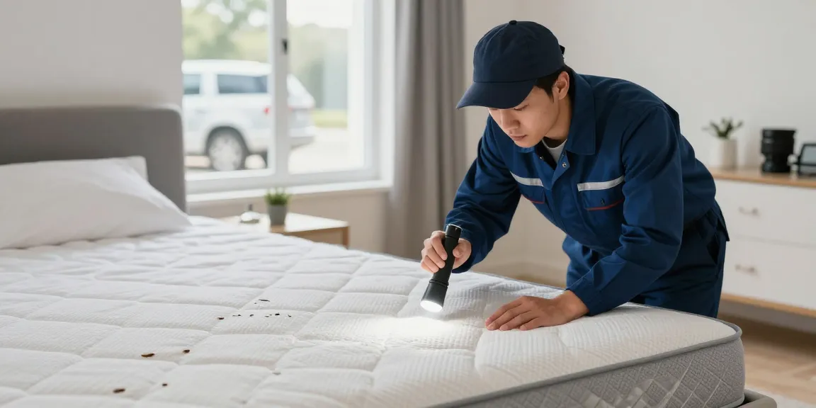 Bed bug pest control expert inspecting a mattress in a bright, safe bedroom.