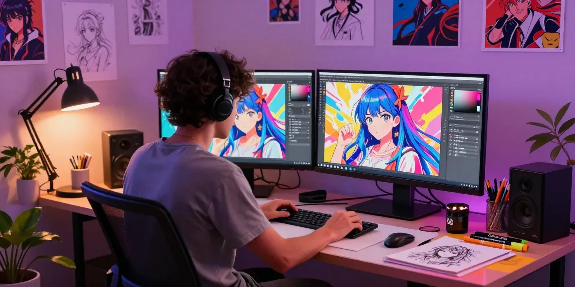 Creating AI ecchi characters in a vibrant digital art studio showcasing technology and creativity.