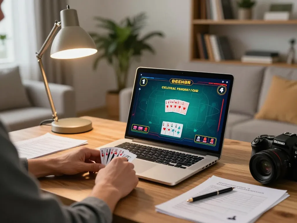 Player strategizing with FC88 as they engage in an online poker game at home