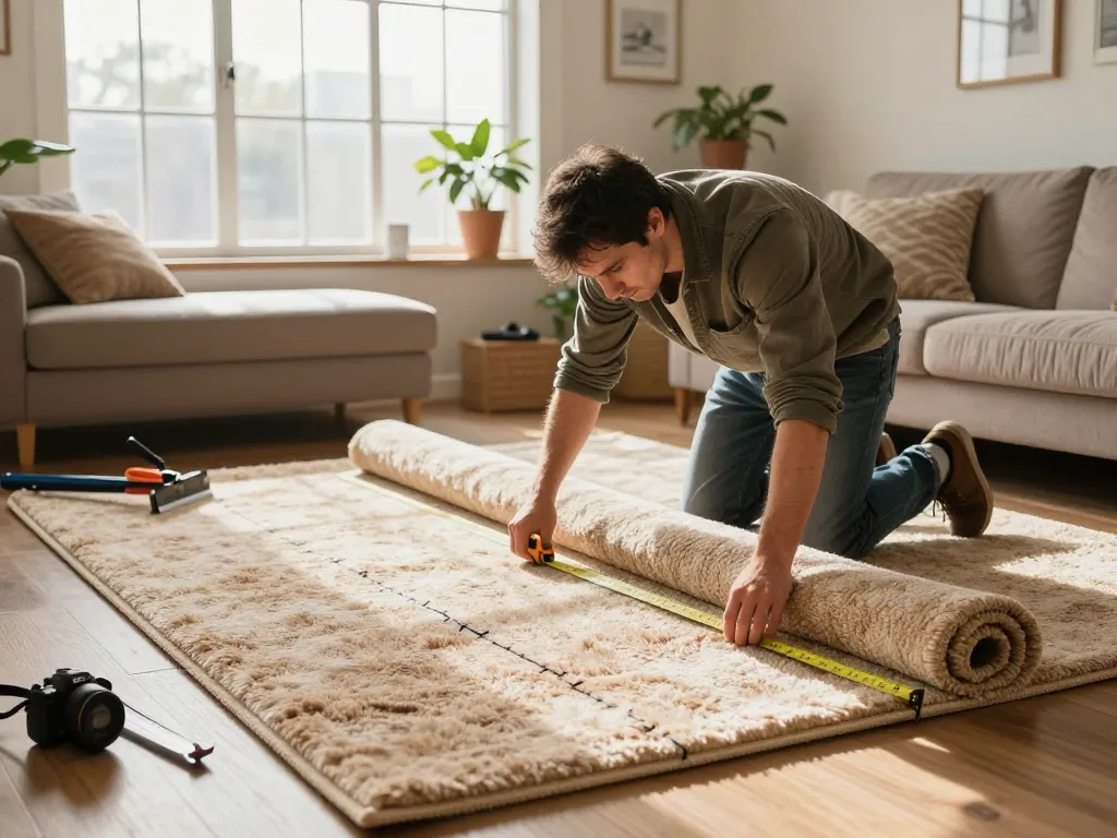 Professional installation of home carpet fitting services in a cozy living room.