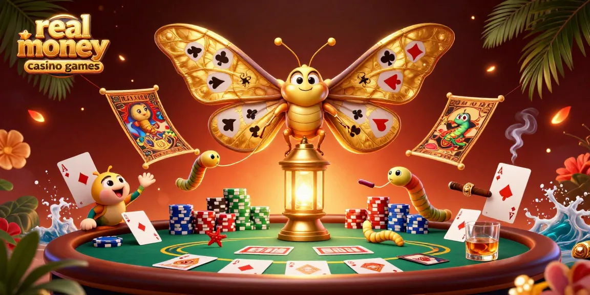 Experience real money casino games with vibrant illustrations of poker elements, moths, and dynamic casino scenes.