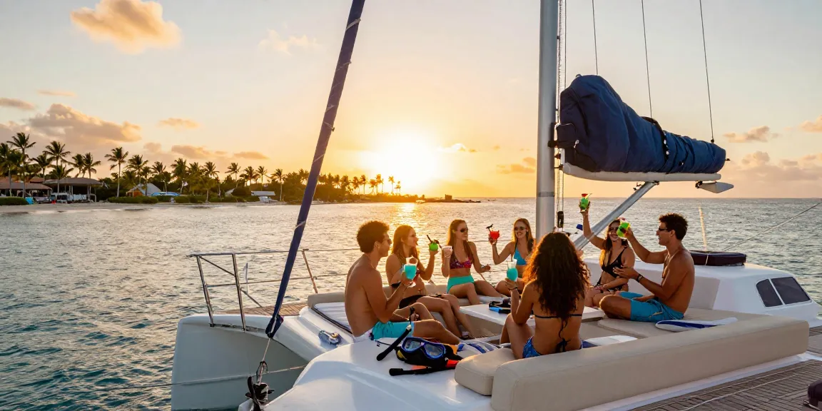 Punta Cana yacht rental with friends celebrating on a luxury catamaran during sunset, vibrant tropical scene.