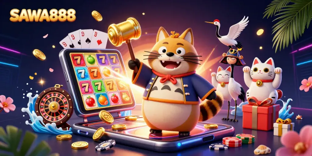 Experience SAWA888's vibrant 3D casino scene with a lucky tanuki, colorful slot games, and golden coins.