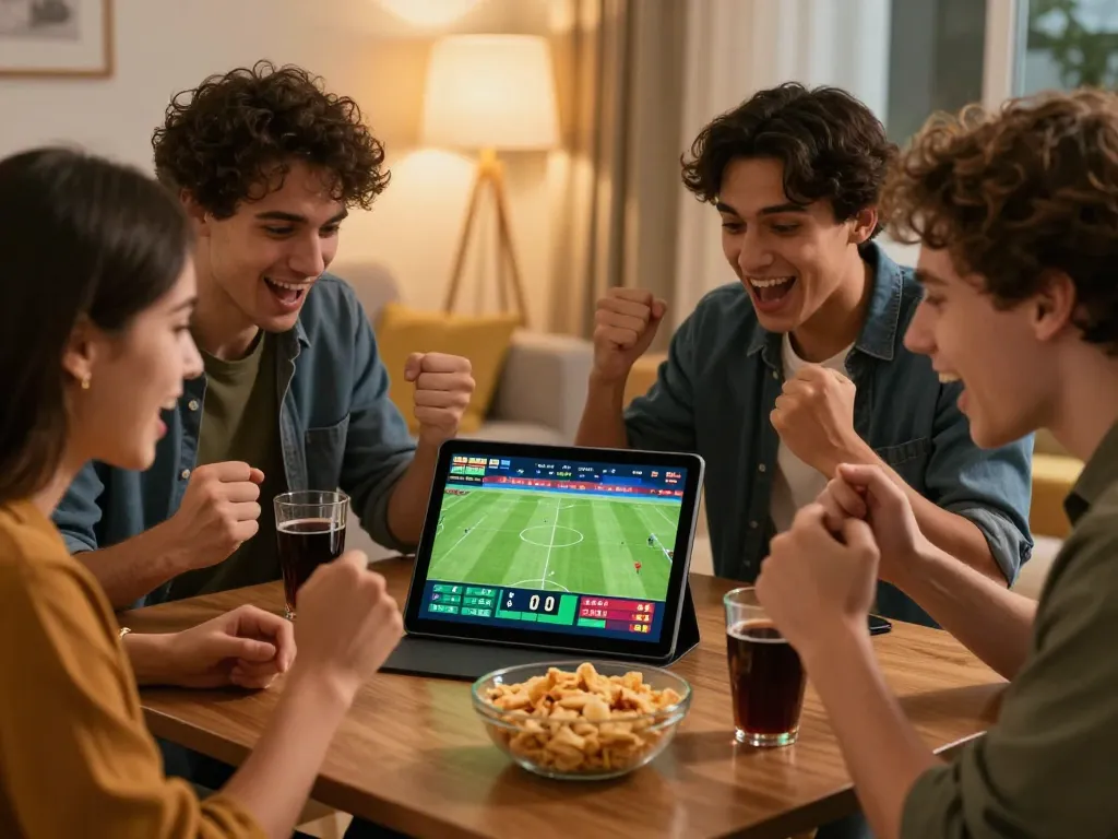 Dynamic online betting experience with friends enjoying OKFUN while watching live soccer match.