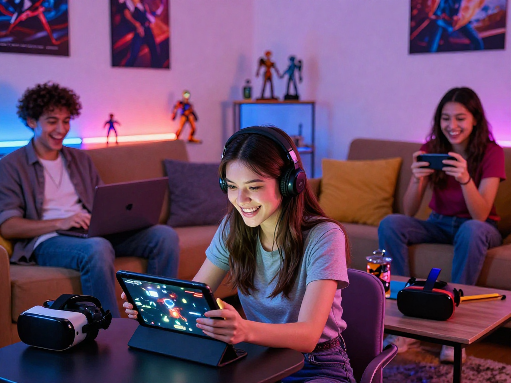 Engaging scene of diverse players enjoying online sex games on multiple devices in a cozy living room.