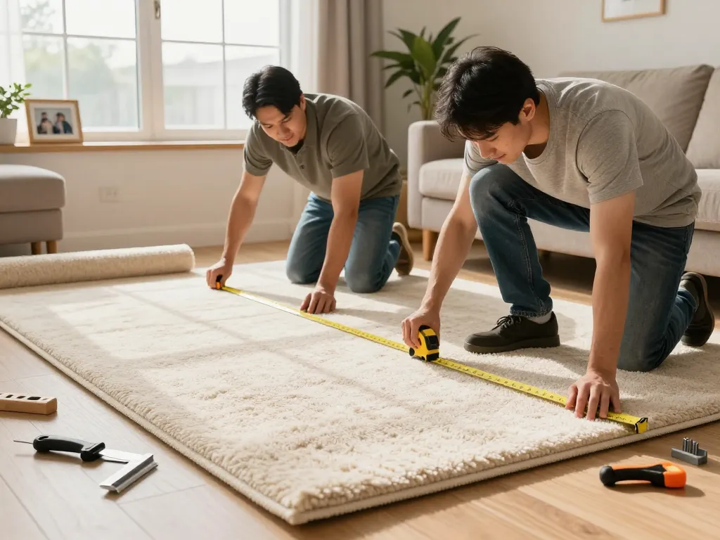 Skilled carpet fitters near me installing soft carpet in a cozy living room.