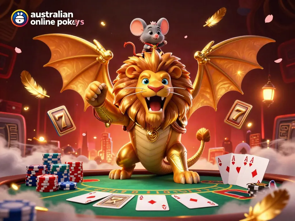 Experience thrilling gameplay with australian online pokies, featuring a triumphant chimera and vibrant casino elements.